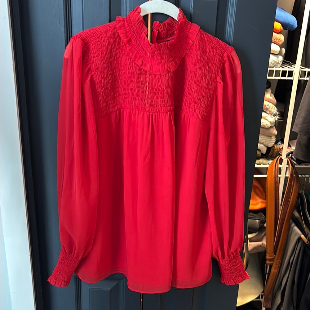 Ann Taylor Red chiffon Smock neck, blouson sleeve Blouse